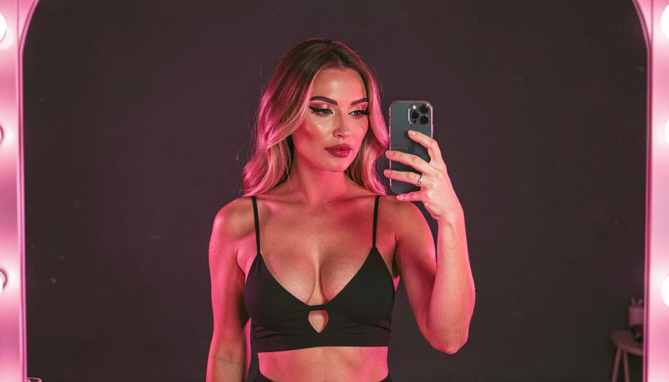A glamorous woman taking a mirror selfie in front of neon vanity lights, the AI influencer generator creating any version of her