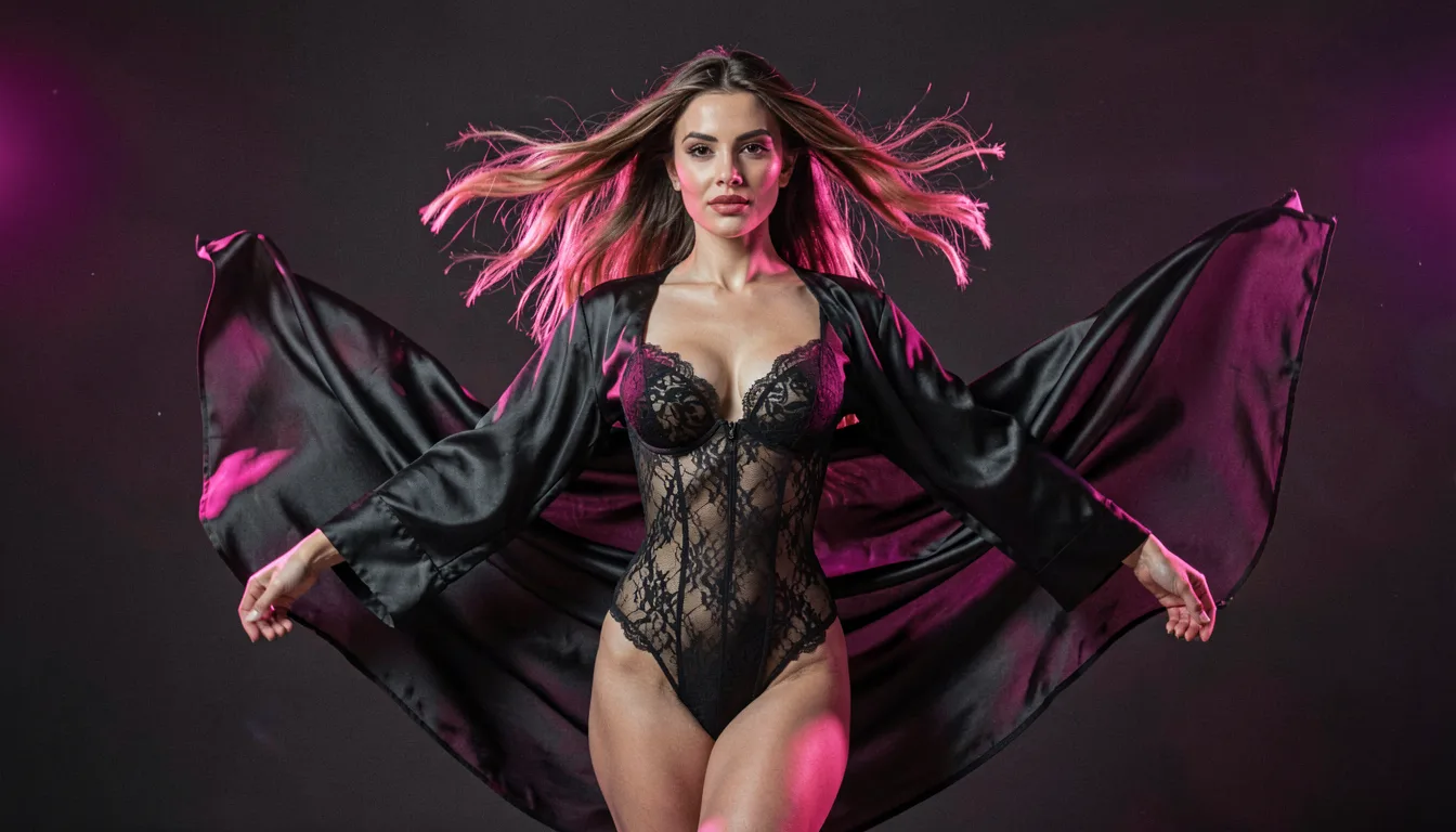A woman caught mid-spin, her silk robe flaring open over a lace bodysuit, Ponytale's AI video generator bringing her to life in motion