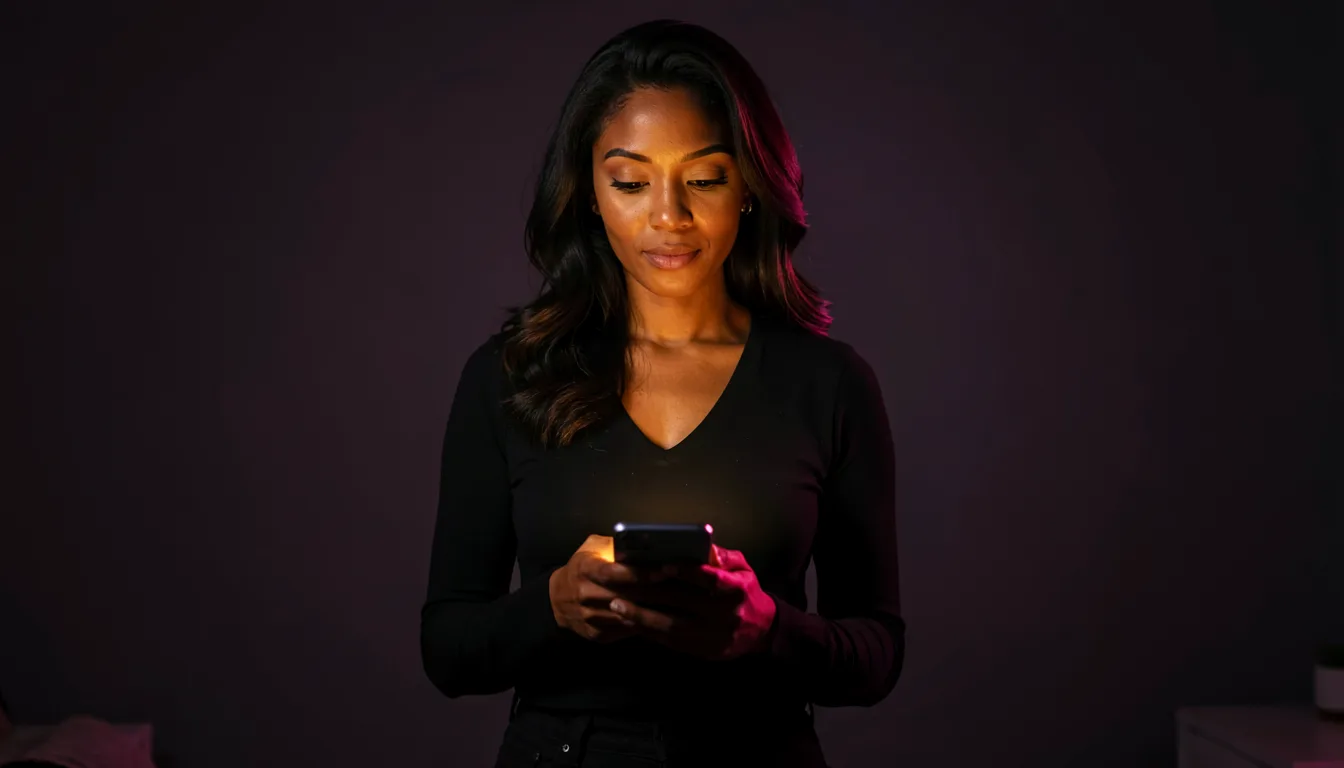 A woman lit by the warm glow of a phone screen in a private room — the discreet, anonymous side of crypto porn payments on Ponytale
