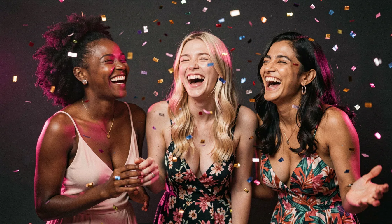 A woman laughing freely with confetti falling around her, the open, no-catch feeling of free AI sex chat on Ponytale