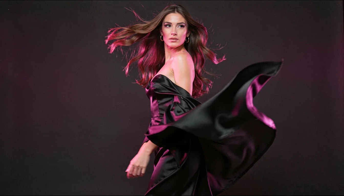 A woman caught mid-turn in a flowing black dress, motion blurring her hair, turning a photo into video with Ponytale's image to video AI