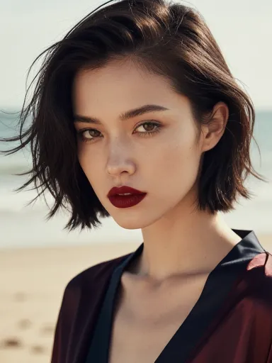 AI-generated woman with short bob and bold lipstick on beach — edgy AI character design