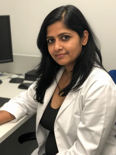 AI-generated Indian woman in lab coat — professional AI character with unique personality