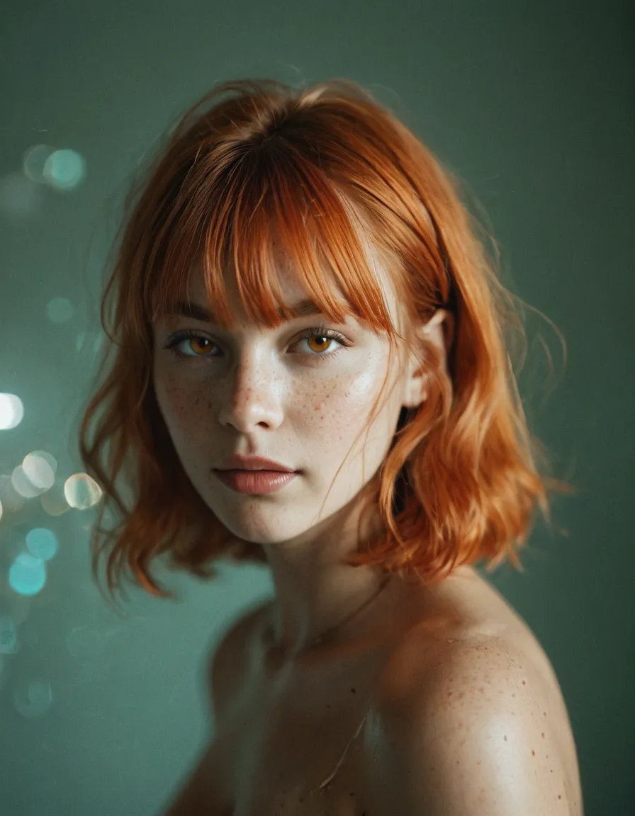 AI-generated redhead woman with freckles — artistic AI character portrait with bokeh