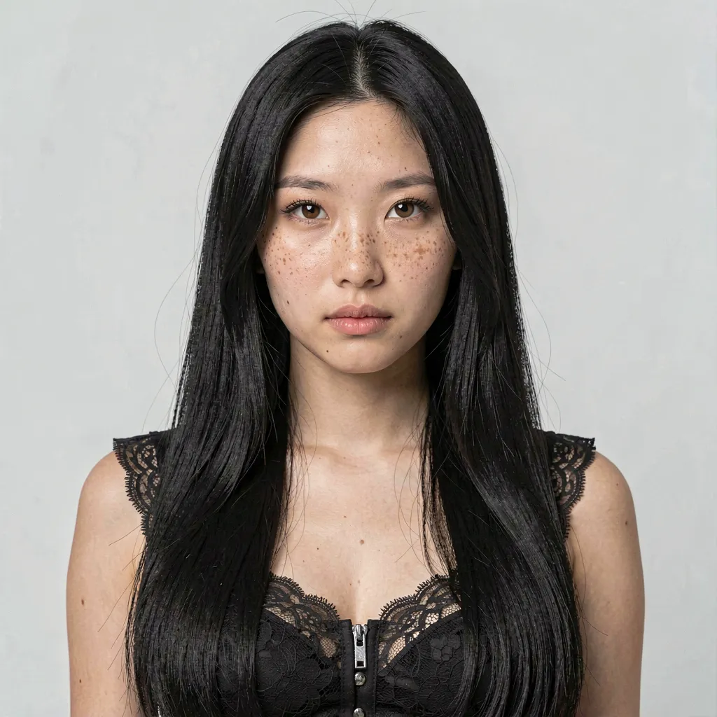 AI-generated Asian woman with freckles in black lace — striking AI character with unique features