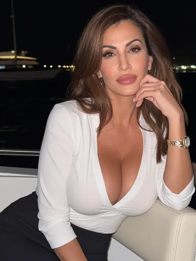 AI-generated brunette woman on yacht at night — sophisticated AI chat companion