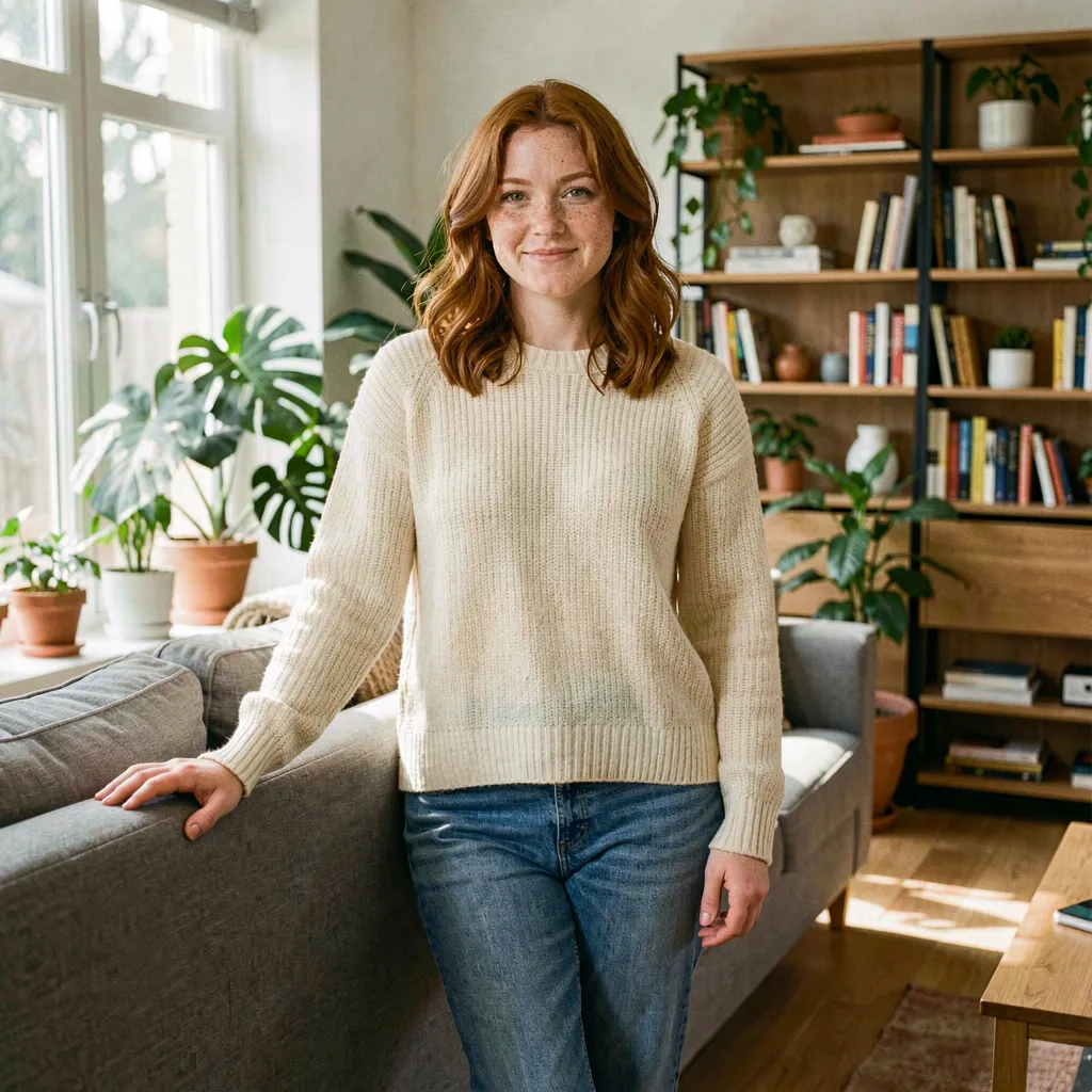 AI-generated redhead woman in cozy living room — wholesome AI girlfriend character