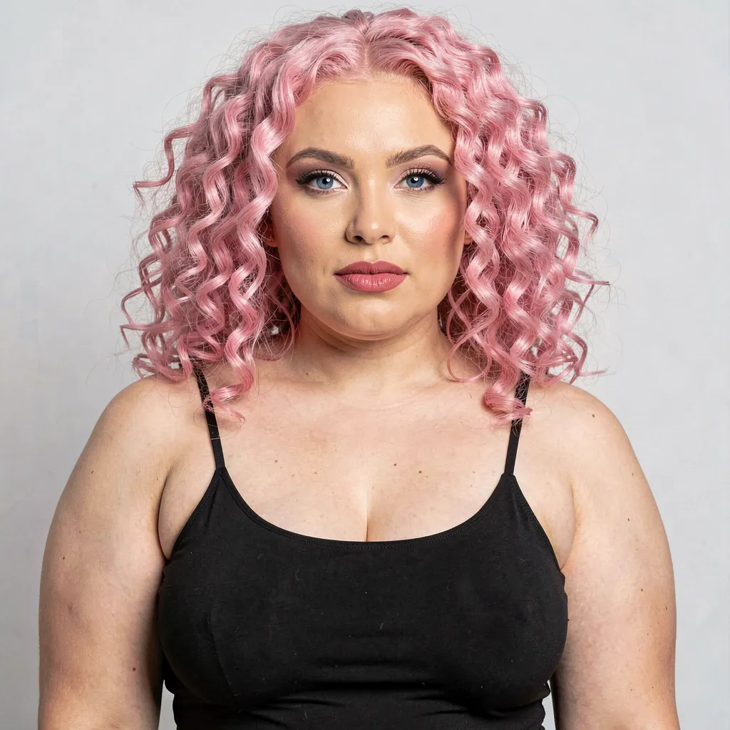 AI-generated curvy woman with pink curly hair — bold custom AI character design