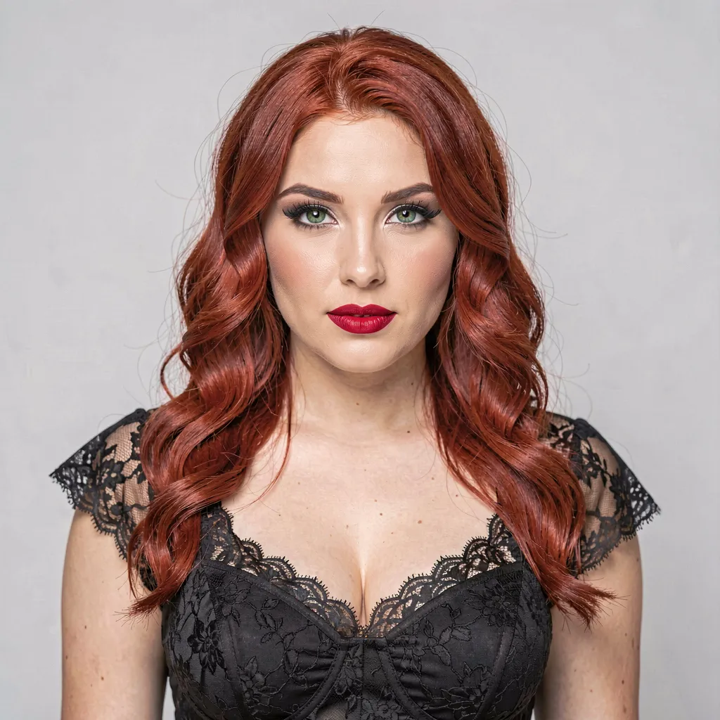 AI-generated redhead woman with green eyes in black lace — seductive AI character portrait
