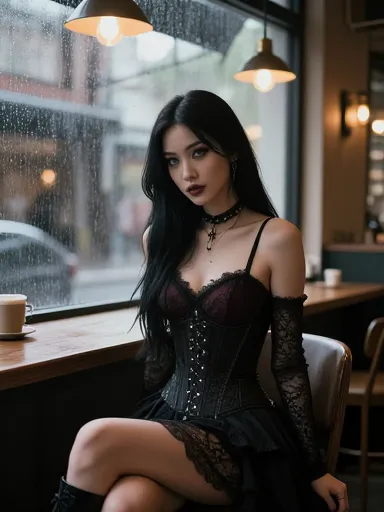 AI-generated gothic Asian woman in corset at rainy cafe — dark aesthetic AI chat companion