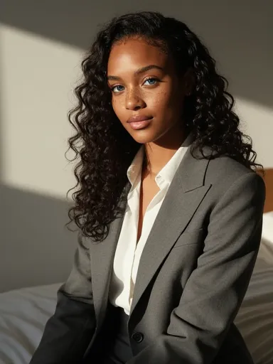 AI-generated Black woman in blazer with curly hair — confident professional AI character