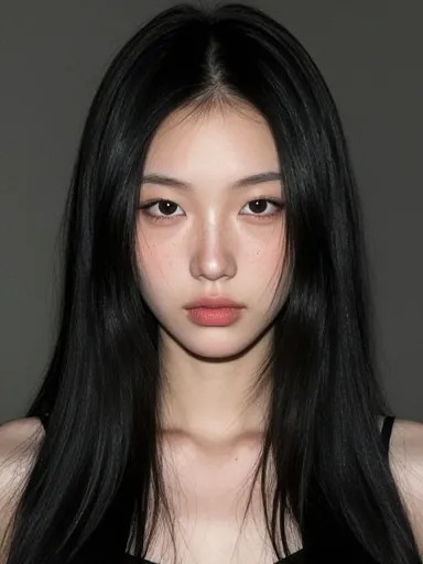 AI-generated Korean woman with straight black hair — minimal aesthetic AI character portrait