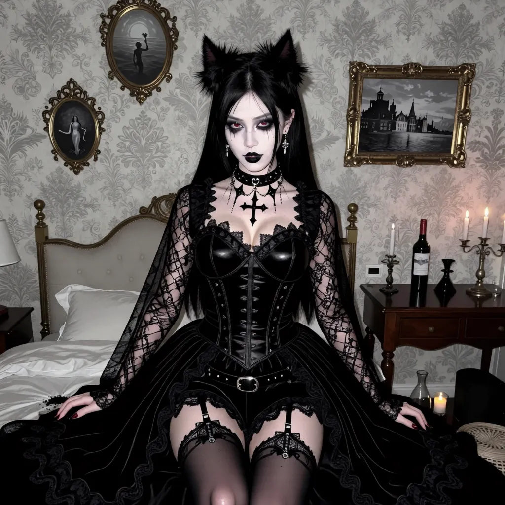 AI-generated gothic woman with cat ears and corset — fantasy AI character for roleplay chat