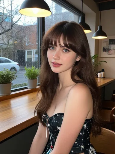 AI-generated brunette woman in cafe setting — cute AI girlfriend character for chat
