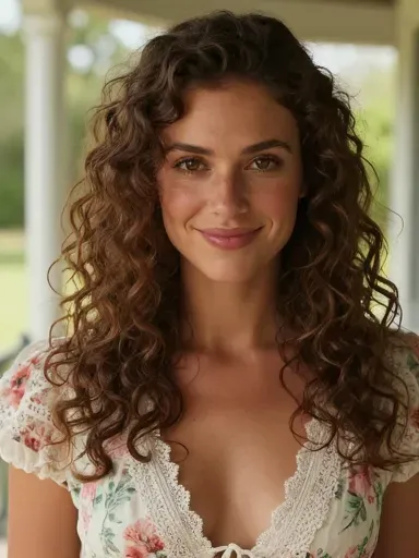 AI-generated brunette with curly hair in floral dress — sweet AI companion for romantic chat
