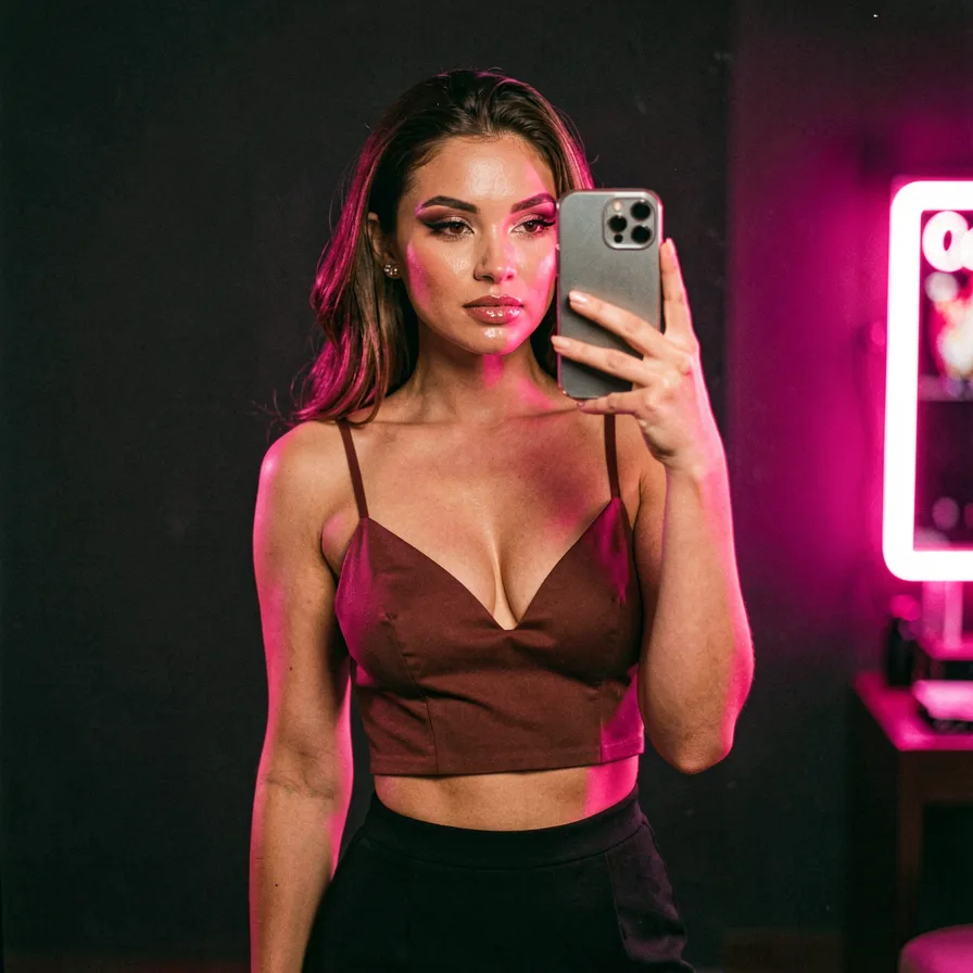 A woman taking a mirror selfie with her phone, representing building your own AI influencer