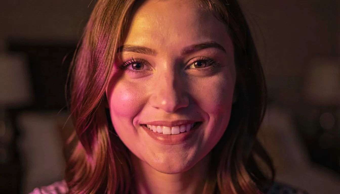 Close-up of a woman smiling warmly, representing an intimate Ponytale chat conversation