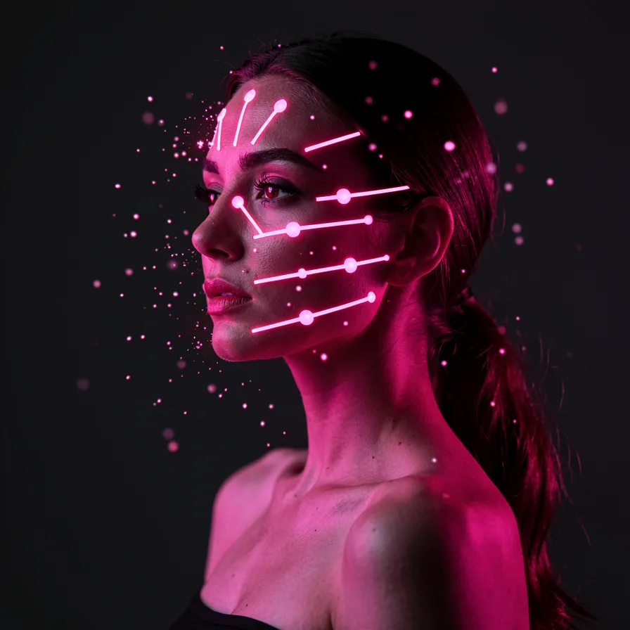 A woman's face mapped with glowing customization points, representing the character editor's fifty dials