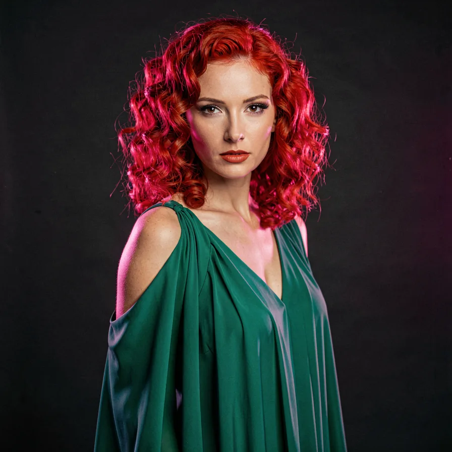 A woman with vibrant red curly hair in an emerald dress, representing the range of looks you can design