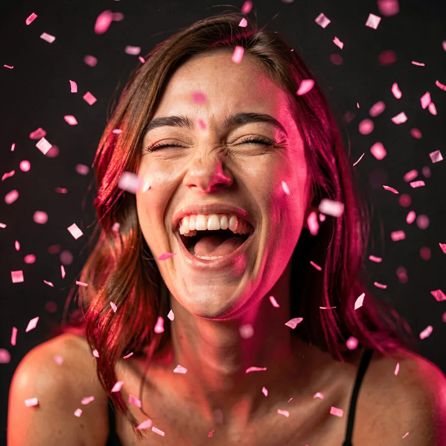 A woman laughing joyfully with confetti falling around her, representing the free tier