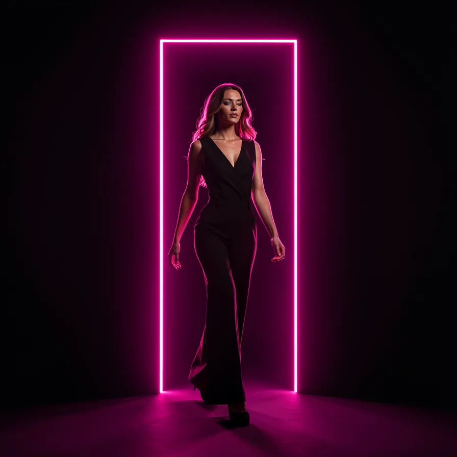 A woman stepping through a glowing threshold of light, representing age verification