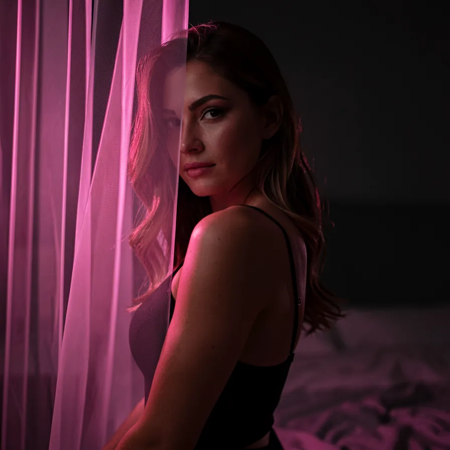 A woman softly lit behind a sheer curtain, representing private-by-default chats