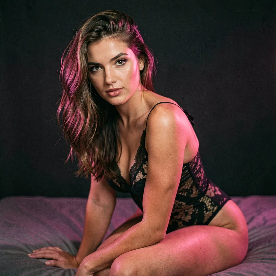 A confident woman in black lace lingerie sitting on a bed, representing sexual release without judgment