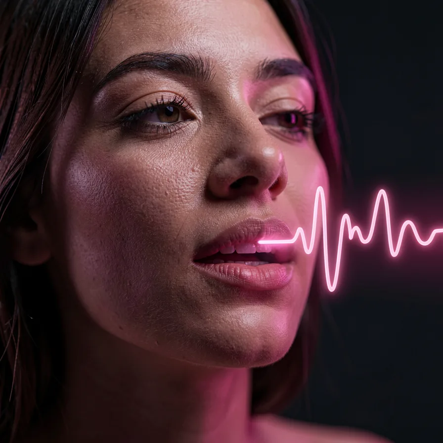 Close-up of a woman speaking with a glowing voice waveform, representing chat that stays in character