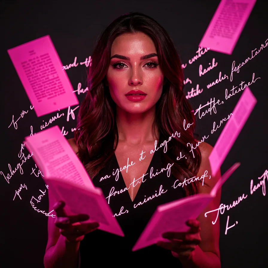 A woman surrounded by floating glowing pages of handwritten text, representing writing your own story